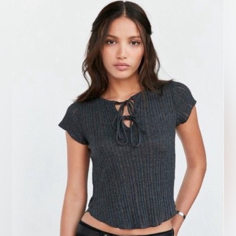 Kimchi Sally Ribbed Knit Lace Up Tee